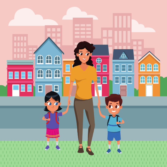 Single mother in front of housing